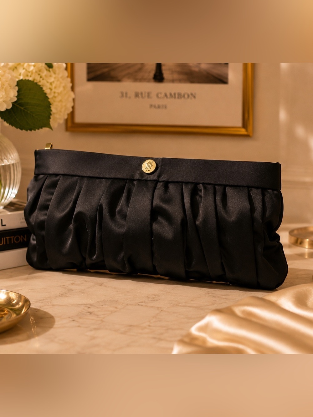 New Guerlain Paris Black Satin Evening Clutch Makeup Cosmetic Bag Gold logo